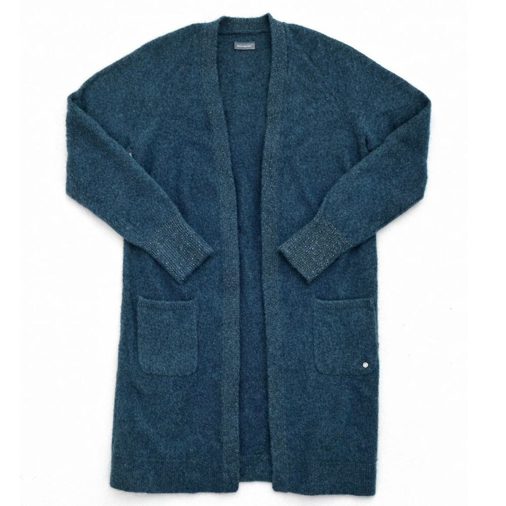 Dark Teal Brushed Alpaca Cardigan w/ Patch Pockets & Gold-Threaded Ribbed Hems